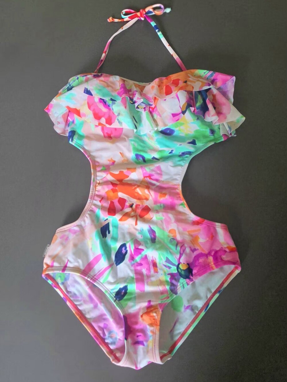NWOT Colorful Ruffle Cutout One-Piece Swimsuit | Halter | Padded Cups | Size S